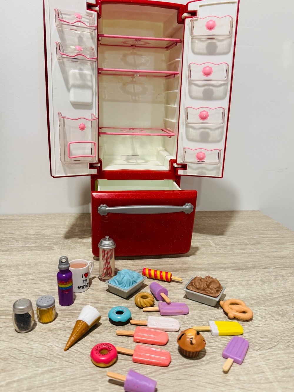 Our Generation Red Sparkle Doll Refrigerator French Door Fridge + Play Food Lot - Picture 4 of 10
